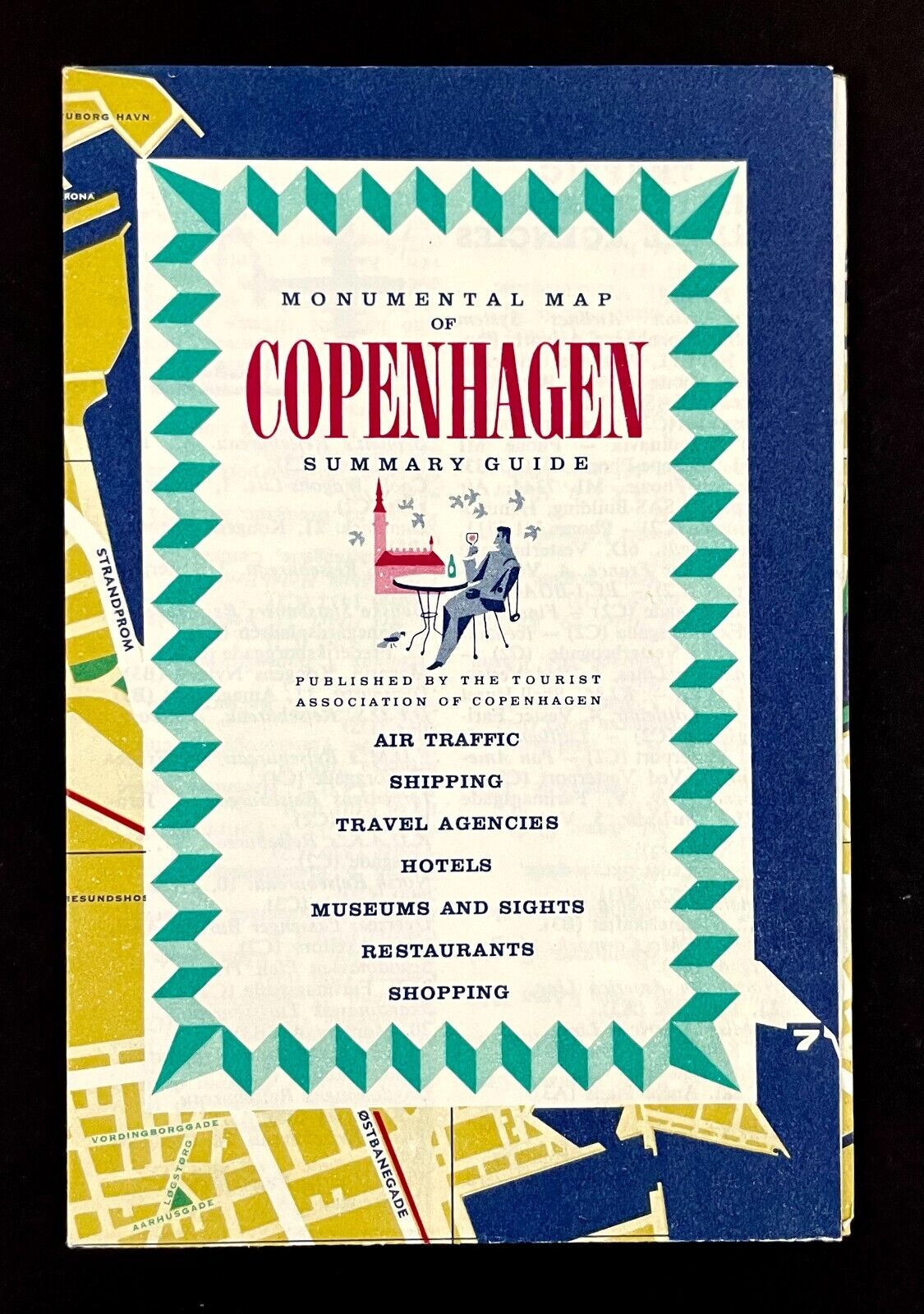 1950s Copenhagen Vintage Monumental Map Summary Tourist Guide Dining Agencies